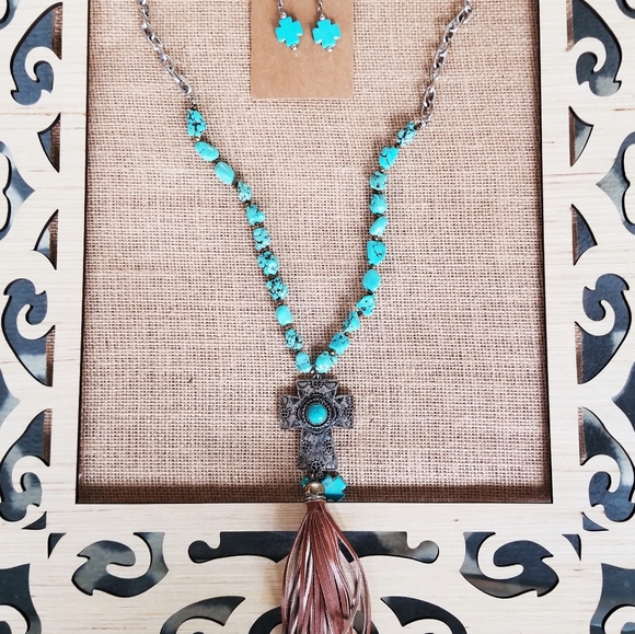Turquoise Cross Tassel Necklace & Earring Set - Picture 2 of 6
